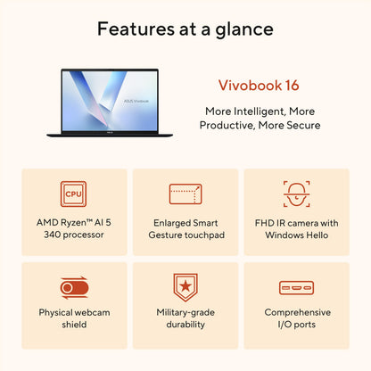 ASUS Vivobook 14 Laptop, Copilot+ PC, 14” WUXGA 60Hz Display, AMD Ryzen AI 7 350 with XDNA NPU, AMD Radeon Graphics, 16GB RAM, 512GB SSD, Platinum Gold, M1407KA-PS74