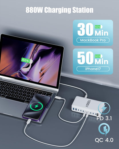 1000W USB C Charger Block,10-Port USB C Charging Station GaN IV Travel Essentials Multiple Port Charging Station,140W Laptop Fast Charger Adapter for MacBook Pro/Air,DELL,iPad,iPhone,Samsung Galaxy