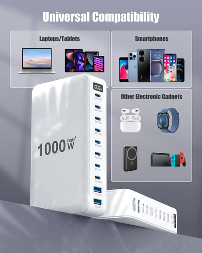1000W USB C Charger Block,10-Port USB C Charging Station GaN IV Travel Essentials Multiple Port Charging Station,140W Laptop Fast Charger Adapter for MacBook Pro/Air,DELL,iPad,iPhone,Samsung Galaxy