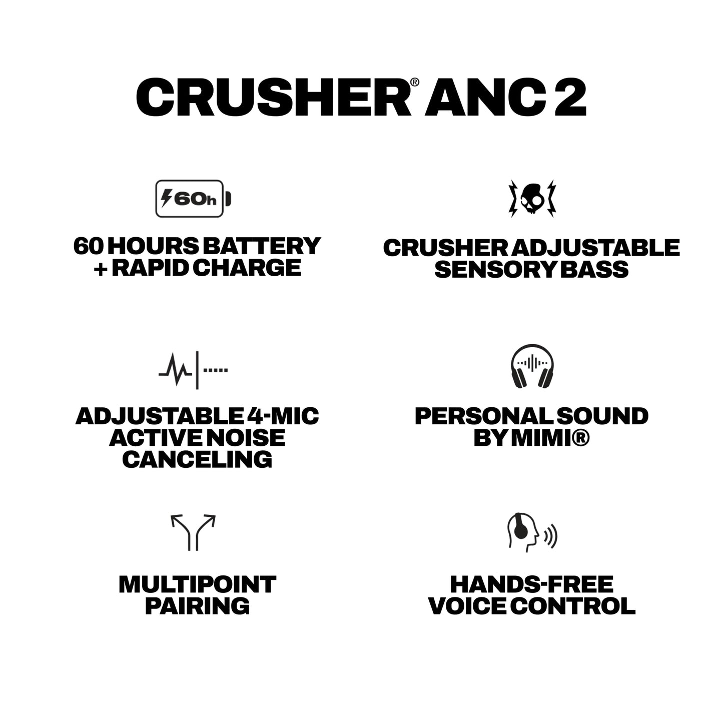 Skullcandy Crusher ANC 2 Wireless Over-Ear Bluetooth Headphones with Multi-Sensory Bass, Active Noise Cancelling, Up to 60 Hours Battery, Microphone for iPhone Android - True Black