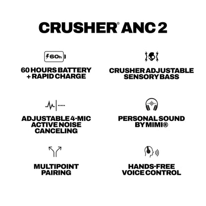 Skullcandy Crusher ANC 2 Wireless Over-Ear Bluetooth Headphones with Multi-Sensory Bass, Active Noise Cancelling, Up to 60 Hours Battery, Microphone for iPhone Android - True Black