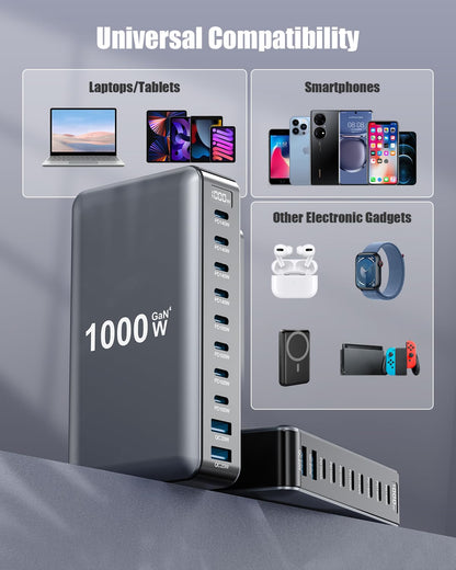 1000W USB C Charger Block,10-Port USB C Charging Station GaN IV Travel Essentials Multiple Port Charging Station,140W Laptop Fast Charger Adapter for MacBook Pro/Air,DELL,iPad,iPhone,Samsung Galaxy