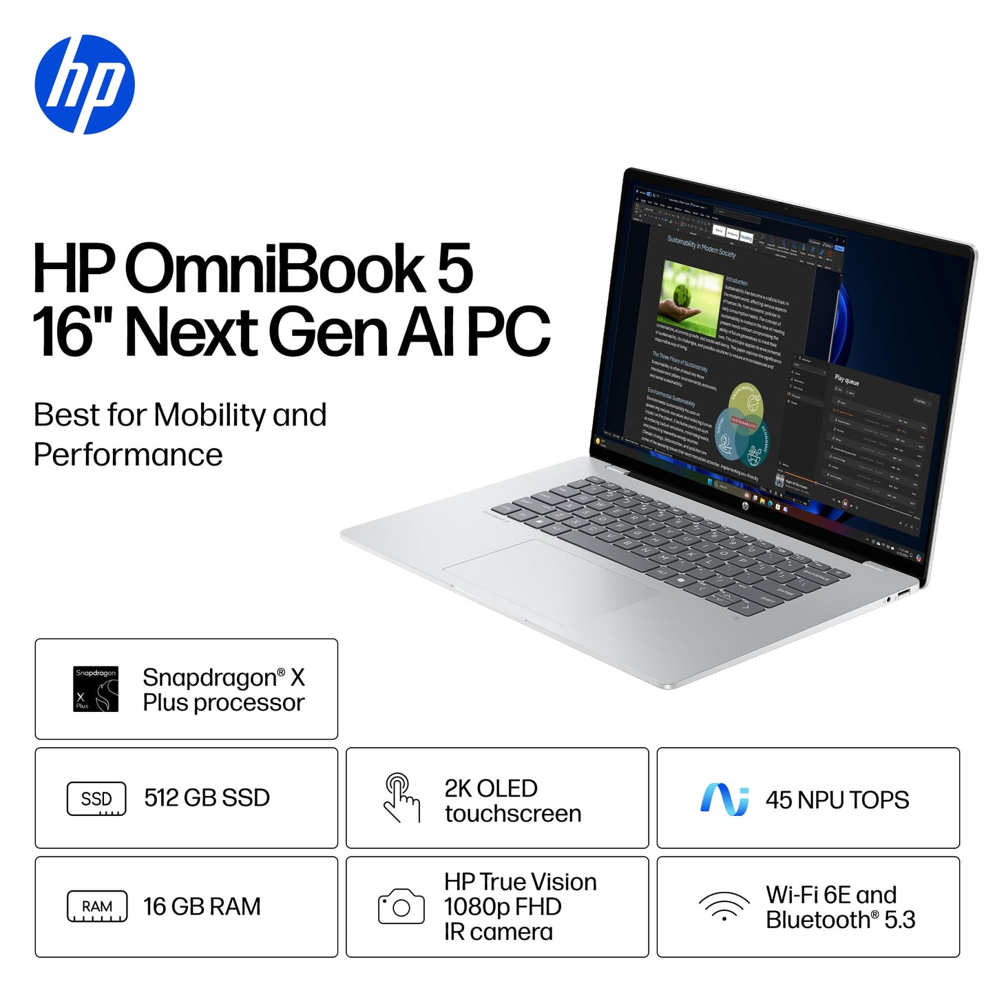 HP OmniBook 5 16 inch Next Gen AI PC, 2K Touchscreen, Snapdragon X Plus X1P-42-100, 16 GB RAM, 512 GB SSD, Qualcomm Adreno GPU, Windows 11 Home, Glacier Silver, 16-fb0000nr