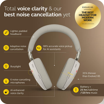Jabra Evolve3 85 Over-Ear Wireless Bluetooth Headset with Microphone for Work, AI Voice Call Technology, Adaptive Active Noise Cancellation, 25-Hour Battery, USB-C, Microsoft Teams Certified, Black