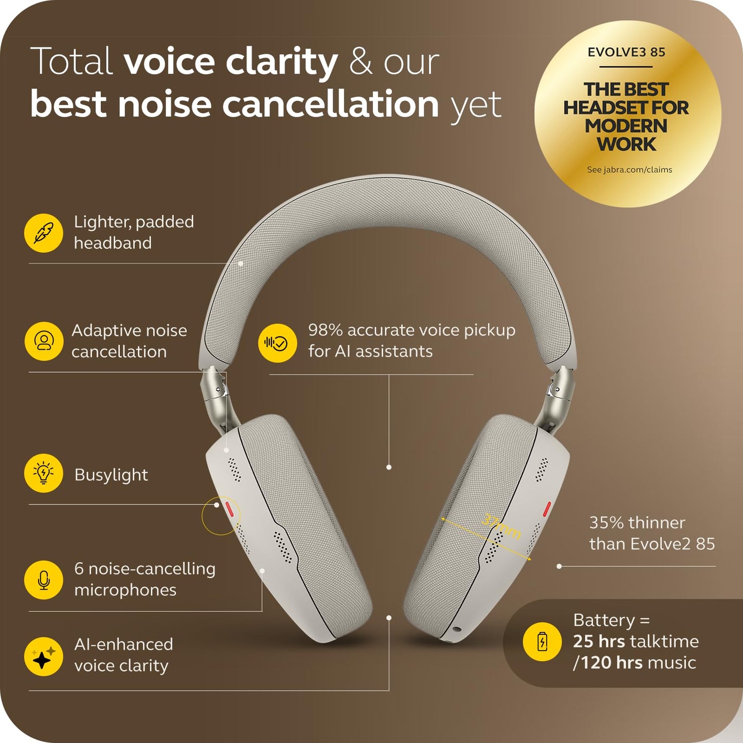 Jabra Evolve3 85 Over-Ear Wireless Bluetooth Headset with Microphone for Work, AI Voice Call Technology, Adaptive Active Noise Cancellation, 25-Hour Battery, USB-C, Microsoft Teams Certified, Black