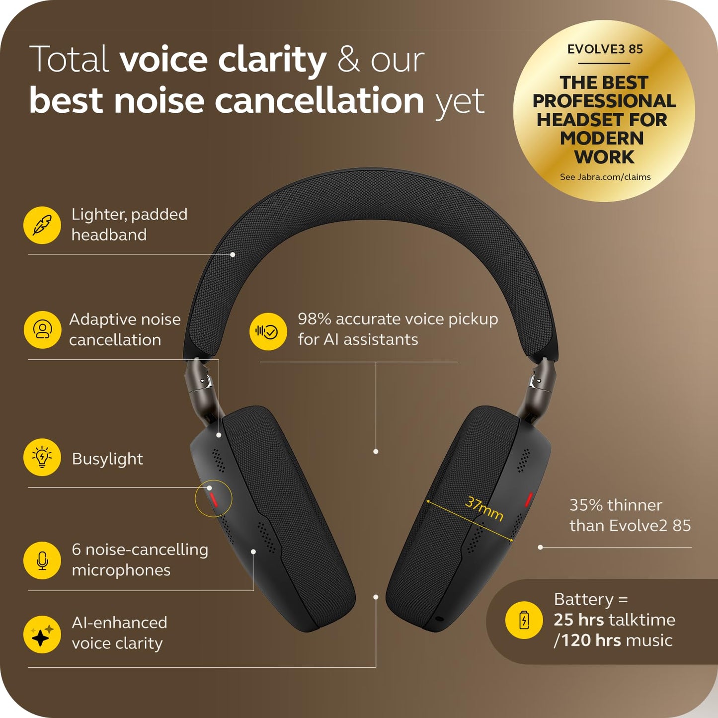 Jabra Evolve3 85 Over-Ear Wireless Bluetooth Headset with Microphone for Work, AI Voice Call Technology, Adaptive Active Noise Cancellation, 25-Hour Battery, USB-C, Microsoft Teams Certified, Black