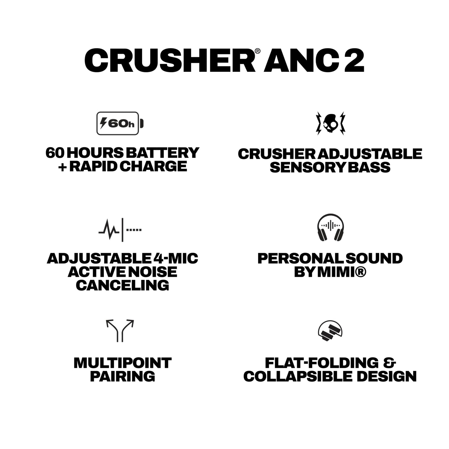 Skullcandy Crusher ANC 2 Wireless Over-Ear Bluetooth Headphones with Multi-Sensory Bass, Active Noise Cancelling, Up to 60 Hours Battery, Microphone for iPhone Android - True Black