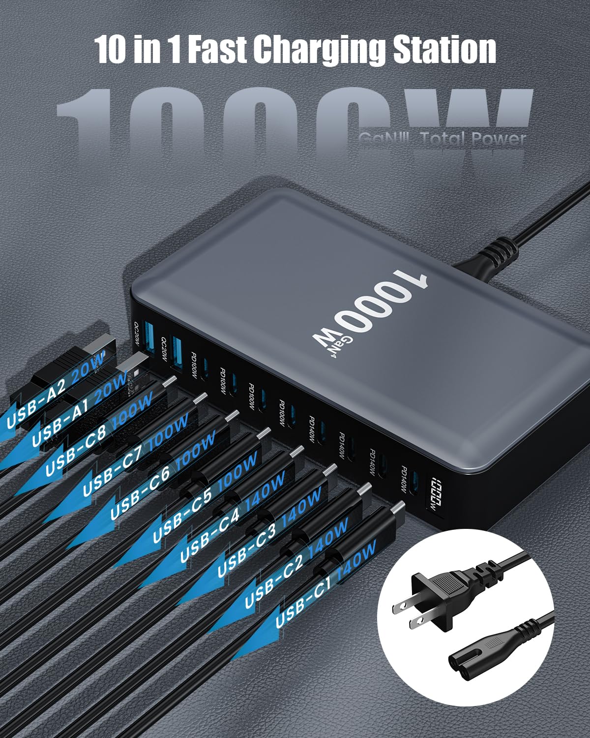 1000W USB C Charger Block,10-Port USB C Charging Station GaN IV Travel Essentials Multiple Port Charging Station,140W Laptop Fast Charger Adapter for MacBook Pro/Air,DELL,iPad,iPhone,Samsung Galaxy