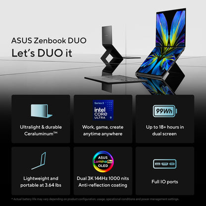 ASUS Zenbook Duo Laptop, Dual 14” OLED 3K 120Hz Touch Display, Evo, Intel Core Ultra 9 285H, Intel Arc Graphics, 32GB RAM, 1TB SSD, Windows 11, UX8406CA-PS99T