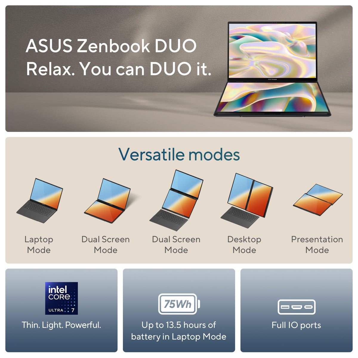 ASUS Zenbook Duo Laptop, Dual 14” OLED 3K 120Hz Touch Display, Evo, Intel Core Ultra 9 285H, Intel Arc Graphics, 32GB RAM, 1TB SSD, Windows 11, UX8406CA-PS99T