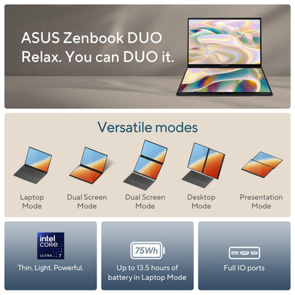ASUS Zenbook Duo Laptop, Dual 14” OLED 3K 120Hz Touch Display, Evo, Intel Core Ultra 9 285H, Intel Arc Graphics, 32GB RAM, 1TB SSD, Windows 11, UX8406CA-PS99T