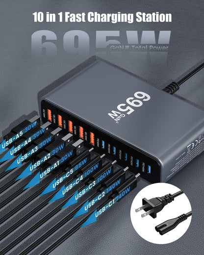 1000W USB C Charger Block,10-Port USB C Charging Station GaN IV Travel Essentials Multiple Port Charging Station,140W Laptop Fast Charger Adapter for MacBook Pro/Air,DELL,iPad,iPhone,Samsung Galaxy