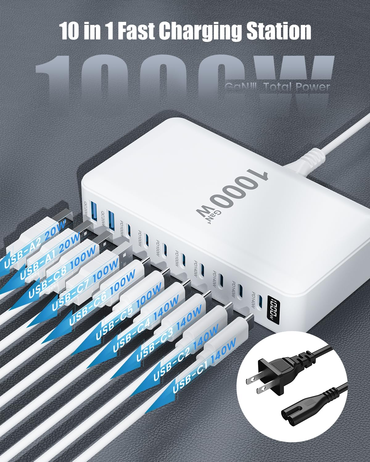1000W USB C Charger Block,10-Port USB C Charging Station GaN IV Travel Essentials Multiple Port Charging Station,140W Laptop Fast Charger Adapter for MacBook Pro/Air,DELL,iPad,iPhone,Samsung Galaxy